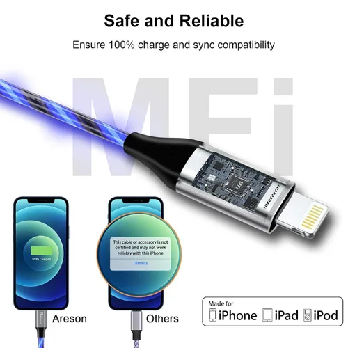 Miniatura 2 de Cable cargador de iPhone con luz LED, cables Lightning LED paquete de 1 Certificado MFi de Apple Cable de carga rápida USB para Apple iPhone 13