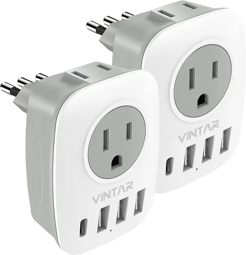 Miniatura 18 de Paquete de 2 adaptadores de enchufe de viaje europeo, VINTAR Adaptador de enchufe de alimentación internacional con 1 USB C, 2 salidas americanas