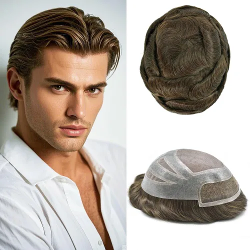 Miniatura 13 de Sistema de cabello frontal de encaje francés para hombres, tupé duradero para hombre, línea capilar natural, fino mono tupé para hombres, protesis