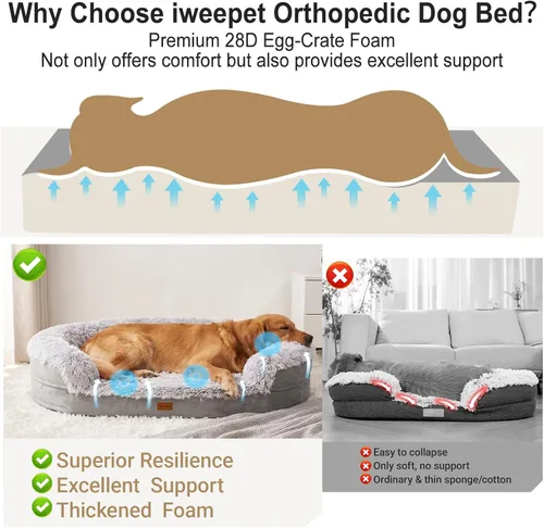 Miniatura 4 de iweepet Camas para Perros Jumbo, 47.5"x35"x7.6", Cubierta Extraíble y Lavable, Bordes Elevados Rebotables, Fondo Antideslizante, Tamaño Extra Gris