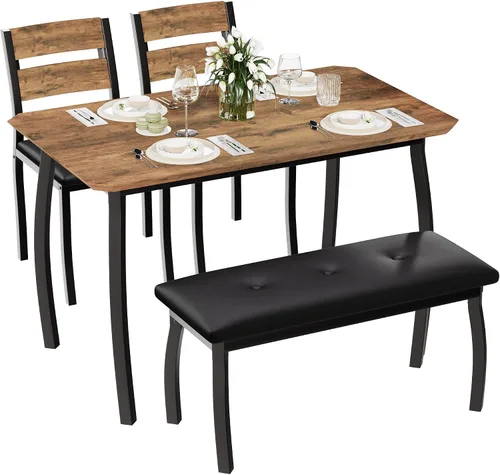 Miniatura 12 de Mesa de comedor para 4, juego de mesa de cocina de 3 piezas para 4 personas con mesa de madera y marco de metal, mesa de cocina industrial con 2