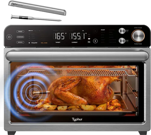 Typhur Horno de sincronización con sonda de termómetro inalámbrico inteligente de carne, freidora de aire 12 en 1, combo de horno tostador, Acero