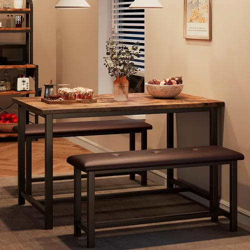 Amyove Juego de mesa de comedor para 4, mesa de cocina con 2 bancos, juego de mesa de comedor de 3 piezas con bancos tapizados, juego de mesa de