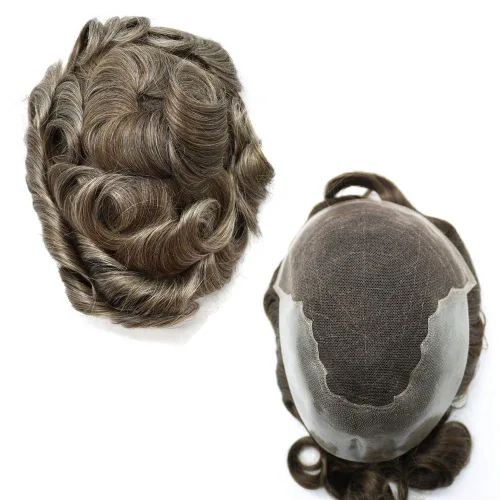 Miniatura 48 de Peluca de repuesto de cabello natural de poliuretano con encaje frontal para hombre (7x9 pulgadas, densidad de luz, 1B40# negro natural con 40% gris)