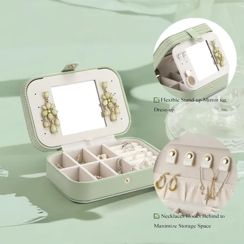 Miniatura 3 de Vlando Pequeño organizador de joyas de viaje, estuche de almacenamiento de piel sintética para collares, aretes, anillos, tejido verde