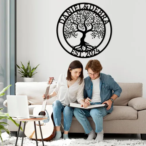 Miniatura 7 de Arte de pared personalizado del Árbol de la vida, decoración personalizada con apellido, letrero de metal para balcón exterior, arte de pared