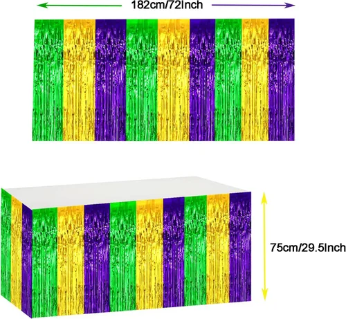 Miniatura 2 de LabZhang Paquete de 2 faldas de mesa con flecos metálicos de Mardi Gras de 29.5 x 72 pulgadas, faldas de mesa de fiesta de Mardi Gras, decoración