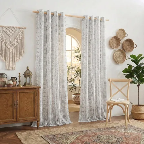 Miniatura 19 de NICETOWN Cortinas bohemias de lino transparente para sala de estar, cortinas semitransparentes de granja con patrón de rayas bohemias, cortinas Gris