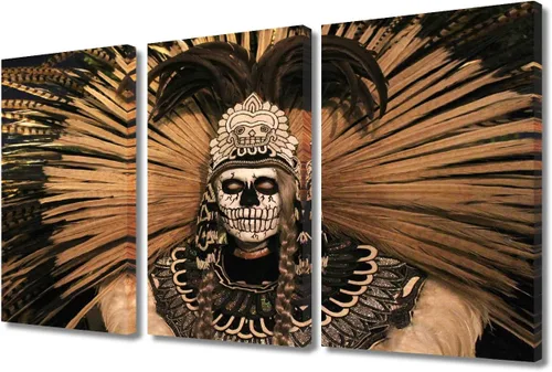 Miniatura 7 de Arte de pared de 3 piezas, pintura en lienzo del Día de los Muertos, Bailarín azteca, impresión sobre lienzo, festival mexicano, obra de arte