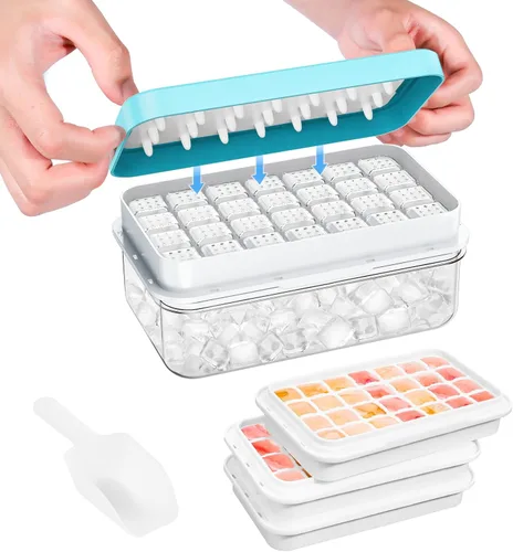 Miniatura 22 de Bandeja para cubitos de hielo con tapa y contenedor, 28 moldes para cubitos de hielo, bandejas de hielo para congelador, molde de bandeja