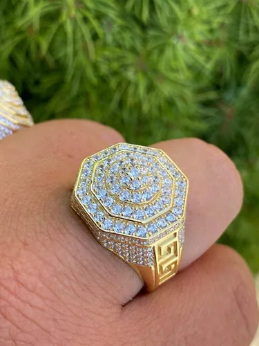 Miniatura 3 de Men's Real Solid 925 Sterling Silver Octagonal Hip Hop Ring - 14k Gold Plated - Super Iced Large Flooded Out Pinky Ring - Sz 7-13