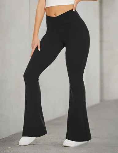 Miniatura 5 de TNNZEET Leggings acampanados negros para mujer, pantalones de yoga cruzados con bolsillos, corte de bota, leggings acampanados