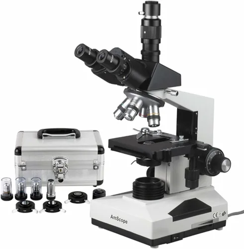 AmScope Microscopio trinocular compuesto T490A-PCS, oculares WF10x y WF16x, aumento 40X-1600X, campo brillante, iluminación halógena, condensador