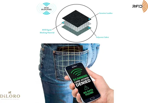 Miniatura 6 de DiLoro Italia - Cartera de cuero para hombre, tamaño completo, plegable, con cremallera, con protección RFID