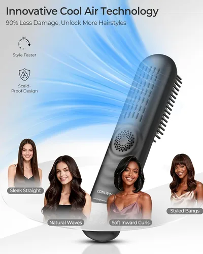 Miniatura 4 de Cepillo alisador de pelo inalámbrico con aire fresco, estilo de larga duración, mini alisador de pelo portátil para cabello grueso y rizado, iones