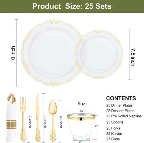 Miniatura 2 de U-QE 175 platos y servilletas de plástico dorado para fiestas, juego de vajilla transparente y dorado para 25 invitados, 25 platos llanos, 25 platos
