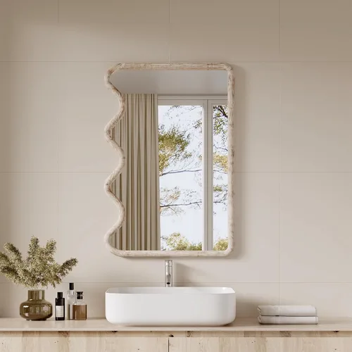 Miniatura 18 de ULIKE Espejo rectangular de madera con marco de cuentas de madera natural, 24 x 36 pulgadas, espejo de pared rústico de granja para baño, guardería