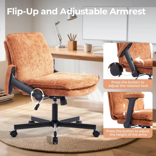 Miniatura 3 de Silla Cruzada con Brazos Abatibles y Ruedas con Bloqueo, Silla de Escritorio de Oficina de Tela de Felpa con Patas Cruzadas, Silla Giratoria