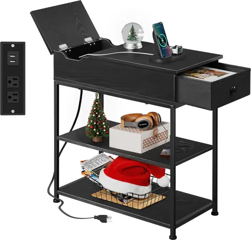 WLIVE Mesa auxiliar estrecha con 2 puertos USB y 2 tomacorrientes, mesa auxiliar negra con cajón y estantes de almacenamiento, mesita de noche