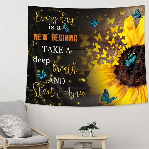 Miniatura 2 de AMBZEK Tapiz de girasol amarillo de 51 pulgadas de alto x 59 pulgadas de ancho, mariposa, floración floral, planta de primavera, marrón, rústico