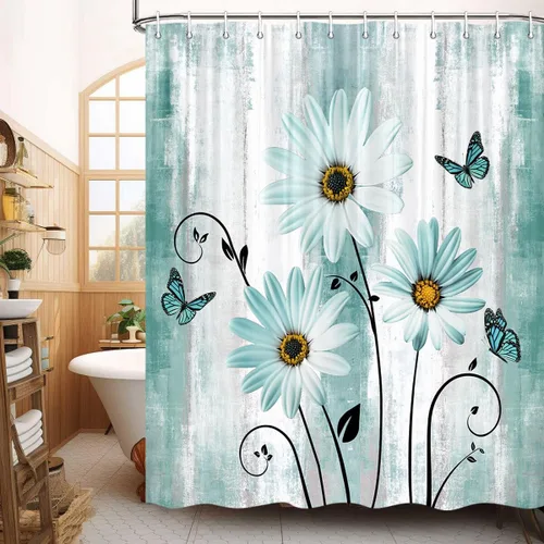 Miniatura 46 de JAWO Cortina de ducha con diseño floral de margaritas azules, cortina de ducha rústica de granja y mariposa en el campo, juego de cortinas de ducha