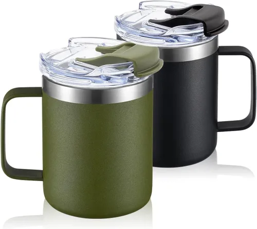Miniatura 26 de Taza de café aislada de 12 onzas con asa, taza de café de viaje de acero inoxidable con tapa abatible, vaso de café de doble pared con aislamiento