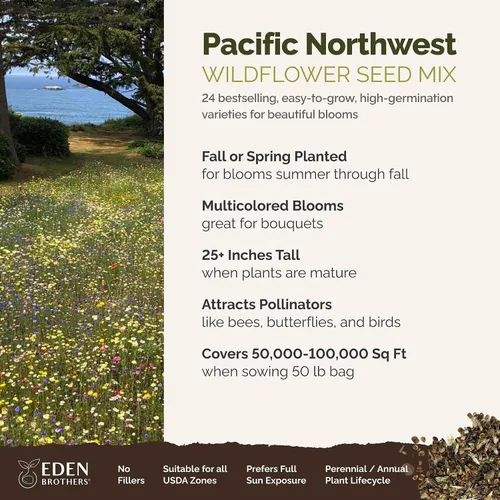 Miniatura 2 de Eden Brothers Pacific Northwest - Semillas mixtas de flores silvestres para plantar, 50 libras, más de 24,000,000 semillas con aciano, CA Bluebell