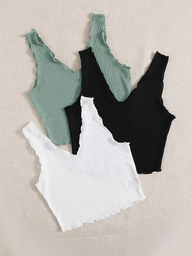 Miniatura 2 de Milumia Conjunto de 3 piezas de camisetas sin mangas de punto acanalado con cuello en V para mujer