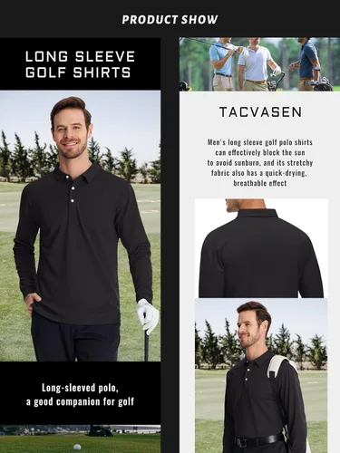 Miniatura 3 de TACVASEN Polo de manga larga para hombre, de secado rápido, absorbe la humedad, ligera, informal, con 3 botones