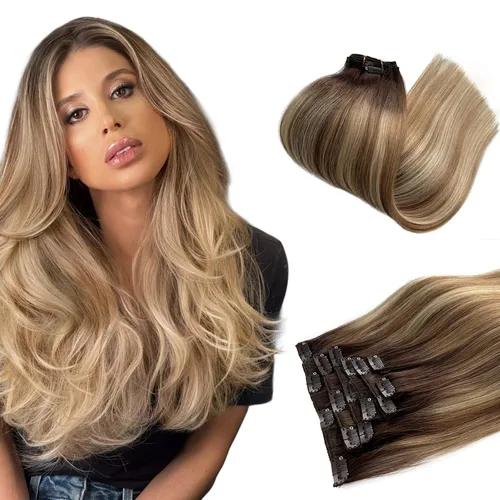 Miniatura 22 de Extensiones de cabello rubio ceniza con reflejos, extensiones de cabello humano real con clip, de 12 pulgadas, 2.47 onzas, doble trama, invisible