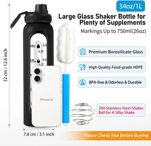 Miniatura 2 de Botella agitadora de vidrio de 34 oz/1 L, botella mezcladora de proteínas de vidrio negro con bola agitadora, botellas grandes para mezclas