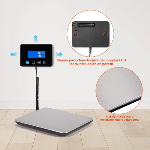 Miniatura 9 de MUNBYN Báscula de envío, báscula postal digital de 440 lb/1.8 oz para paquetes con función de retención/tara, LCD retroiluminado, batería y cable