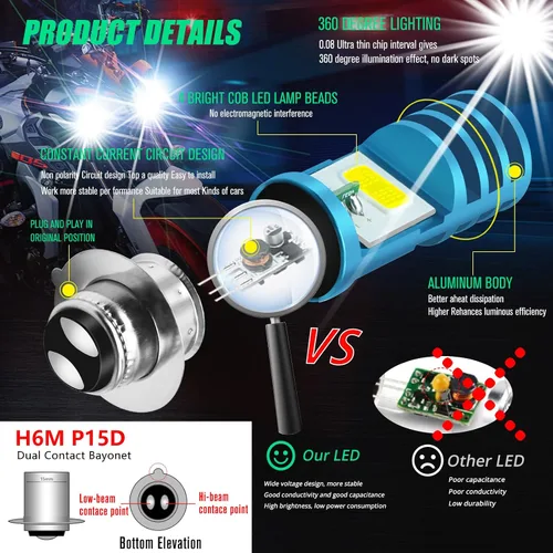 Miniatura 3 de 2 piezas 9-48V Bombillas LED para ATV Blancas, 1800LM Haz Alto-Bajo 4COBs H6M P15D Bombillas LED para Motocicleta, Yamaha, ATVS YFM350 450 400 660