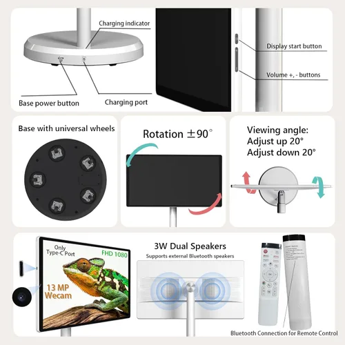 Miniatura 5 de OFD TV portátil de 21.5 pulgadas de 2ª generación sobre ruedas 1080P, 100% sRGB, 6+128GB de almacenamiento, Android 15 OS pantalla táctil RollingTV
