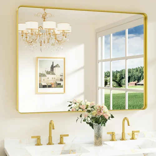 Miniatura 37 de Keonjinn Espejos de baño negros para sobre el fregadero, espejos cuadrados grandes de 36 x 36 pulgadas para pared, espejo rectangular redondeado