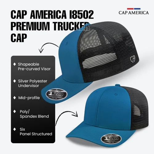 Miniatura 6 de Cap America i8502 Flexfit 110 Premium - Gorra de camionero de perfil medio con 6 paneles de malla trasera con protección UV y cierre ajustable Azul