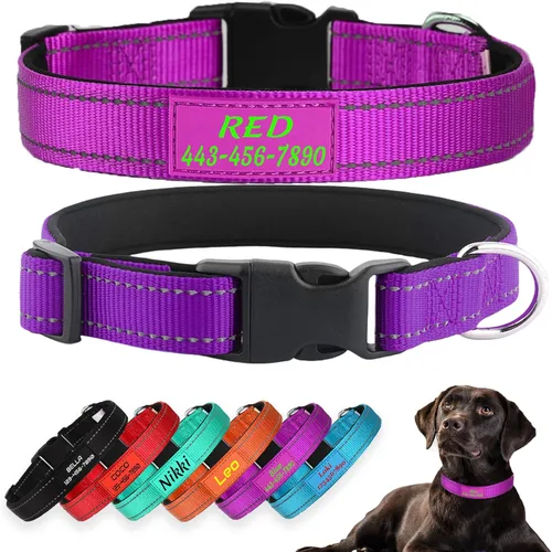 Miniatura 8 de Collares para perros personalizados, nailon reflectante personalizado con nombre de mascota y número de teléfono, ajustable en 5 tamaños y 3