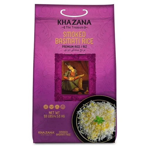 Auténtico arroz basmati ahumado por Khazana en bolsa de 10 libras, grano indio aromático y sabroso, sin OMG, sin gluten, kosher, sin colesterol