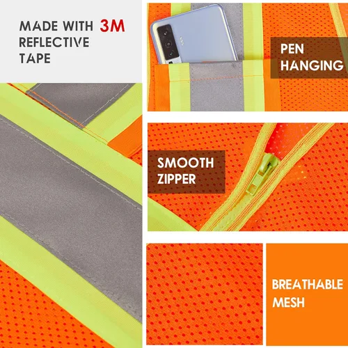 Miniatura 4 de 3M Chaleco de seguridad reflectante de alta visibilidad con cremallera y bolsillos, color naranja, talla M