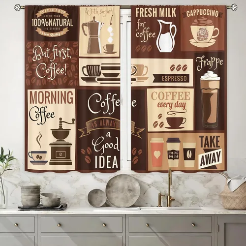 Cortinas de cocina café marrón 27.5 pulgadas de ancho x 39 pulgadas de alto con bolsillo para barra, cortinas rústicas vintage de café, capuchino,