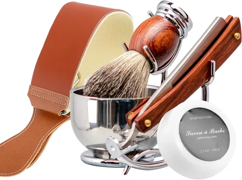 Miniatura 8 de Kit de afeitado con navaja recta Grandslam, navaja recta de acero con afeitador de cuero, brocha de afeitar, cuenco y soporte de afeitado de acero
