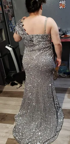 Miniatura 8 de Vestido de fiesta de sirena con lentejuelas 2025 largo con un hombro y cuello en V, vestidos de noche brillantes formales para mujeres con abertura