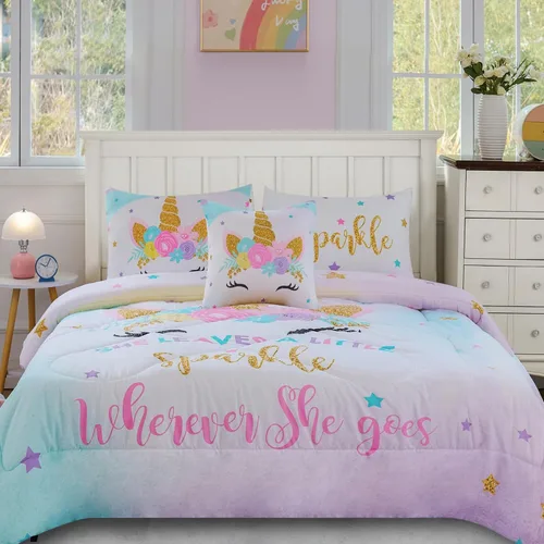 Miniatura 8 de Cokouchyi Juego de edredón tamaño Twin para niñas, 5 piezas cama en una bolsa, juego de sábanas de edredón de mariposas coloridas 3D, ultra suave