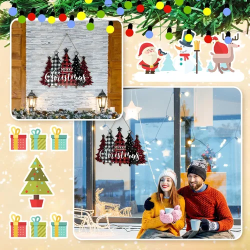 Miniatura 4 de BBTO Letrero de puerta con texto en inglés "Merry Christmas", diseño de búfalo a cuadros, árbol de Navidad, decoración de árbol de Navidad