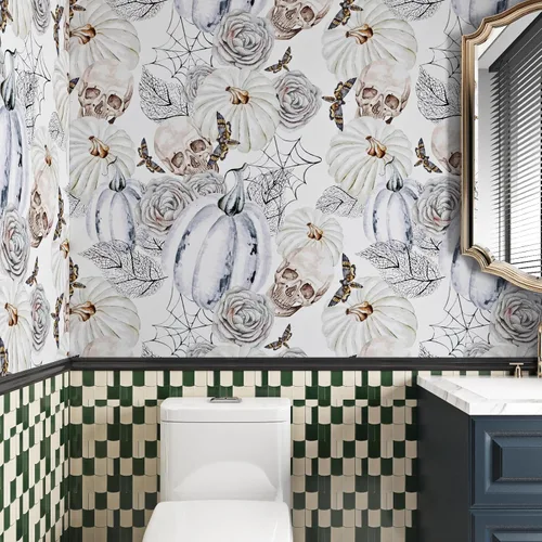Miniatura 3 de ReWallpaper Papel tapiz gris y blanco con diseño de calavera, calabaza, papel tapiz gótico para despegar y pegar, papel de pared para dormitorio