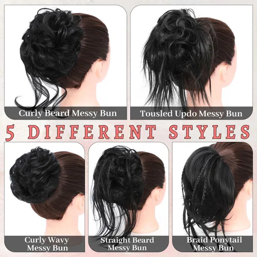 Miniatura 4 de 5 piezas de moños de pelo desordenado para mujeres, scrunchies, extensión de cola de caballo con banda elástica de goma, piezas de cabello para 1b#
