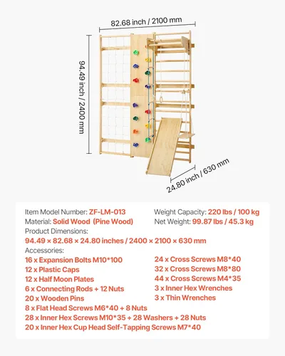 Miniatura 7 de VEVOR Escalera Sueca de Pared para Gimnasio, 9-en-1 Barras de Gimnasia de Madera Sólida de 12 Niveles para Niños y Adultos, Gimnasio de Selva