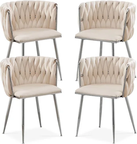 Miniatura 12 de Juego de 2 sillas de comedor de terciopelo, sillas laterales tapizadas tejidas con patas de metal plateado, Sillas de Comedor 2, sillas decorativas