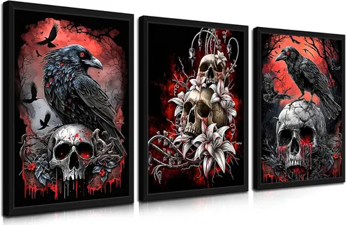 Miniatura 10 de Lienzo de pared de Halloween con marco de madera gótica para sala de estar, juego de 3 impresiones románticas de cuervo y mariposa, decoración