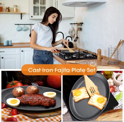 Miniatura 6 de Lallisa 1 Set Platos para Fajita de Hierro Fundido con Bandeja de Madera, Protección Anti Quemadura y Guante Térmico, Set de Sartén de Hierro